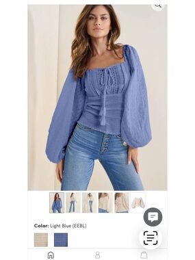 VENUS Light Blue Smocked Square-Neck Puff Sleeve Top